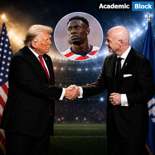 Image showing Donald Trump and FIFA President Gianni Infantino shake hands with inset Folarin Balogun showing in a circle.