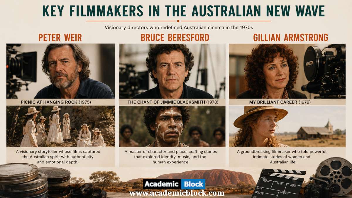 Photorealistic infographic featuring key filmmakers of the Australian New Wave and their landmark films from the 1970s.