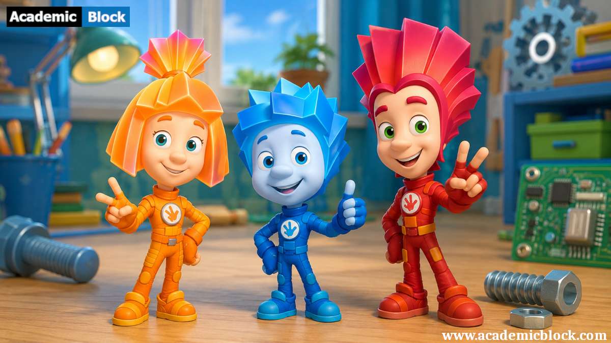 Three colorful Fixies-style animated characters posing together in a bright workshop filled with tools, gears, and electronic components.