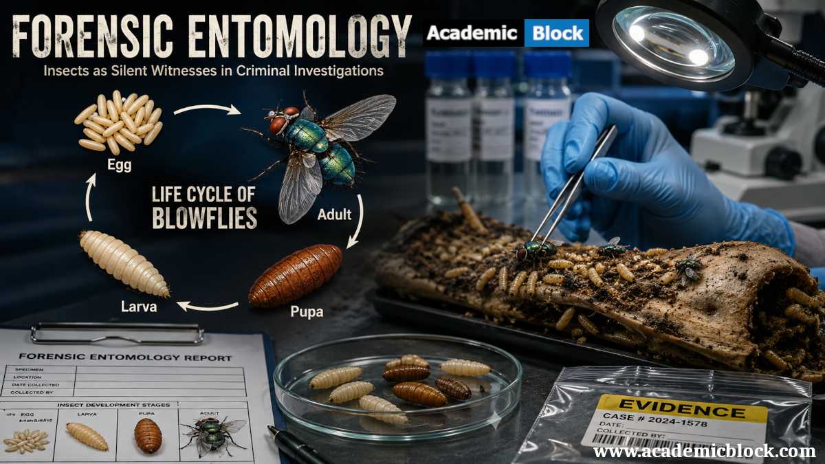 Forensic entomology illustration showing the blowfly life cycle and laboratory insect analysis used in criminal investigations.