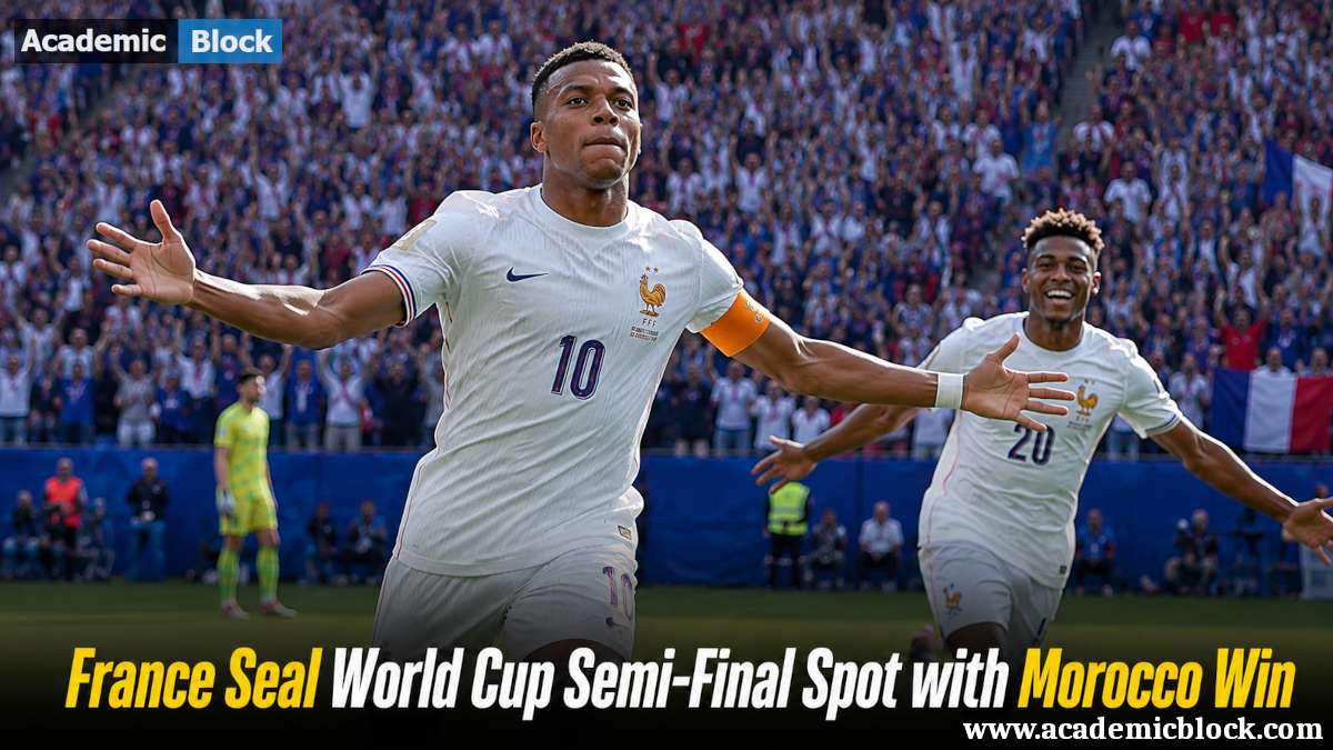 Image showing Kylian Mbappé celebrates after France defeated Morocco 2-0 to reach the FIFA World Cup 2026 semi-finals.