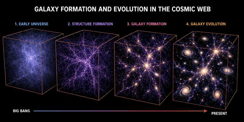 Illustration of galaxy formation and evolution within the cosmic web.