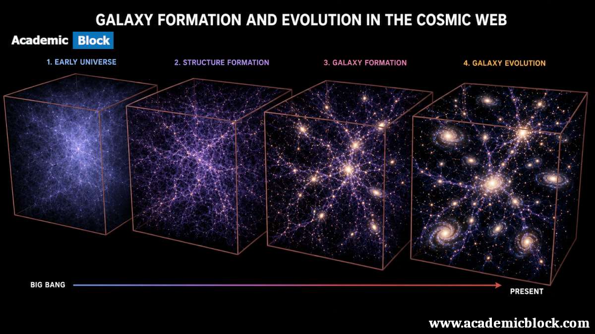 Illustration of galaxy formation and evolution within the cosmic web.