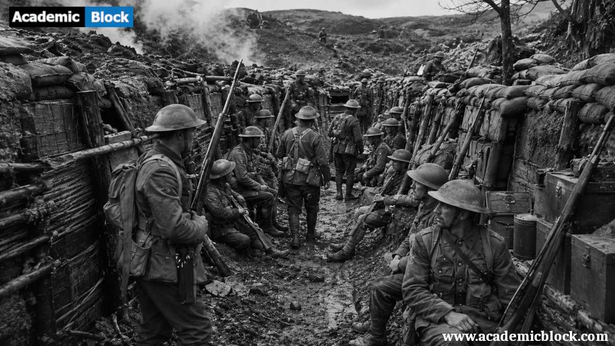 of Allied soldiers in muddy Gallipoli trenches, showing exhausted troops preparing for battle amid sandbags, rifles, and drifting smoke.