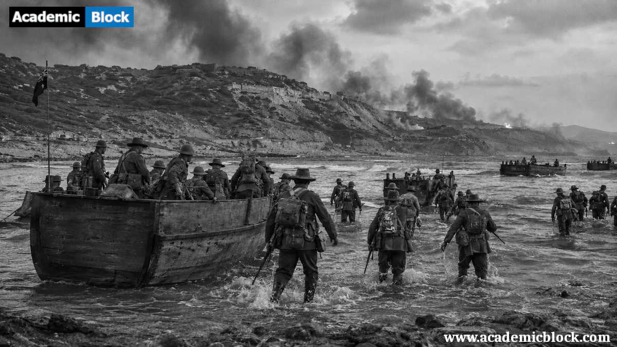Black-and-white reconstruction of Allied troops landing at Gallipoli during the Gallipoli Campaign, April 1915.