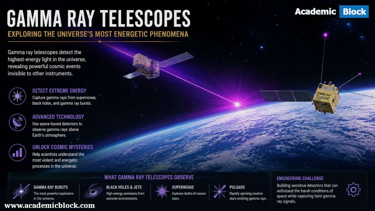 Image of gamma ray telescopes detecting high-energy cosmic events from orbit above Earth.