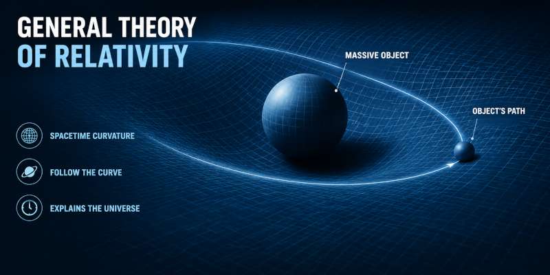 Image of Einstein's General Theory of Relativity, showing how a massive object curves spacetime and influences the motion of nearby objects.
