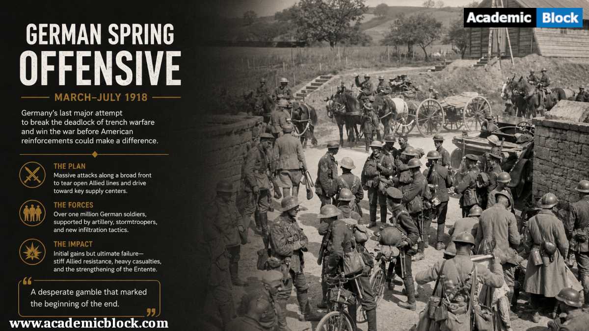 Image of German troops assembling during the 1918 Spring Offensive, symbolizing one of World War I's largest military campaigns.