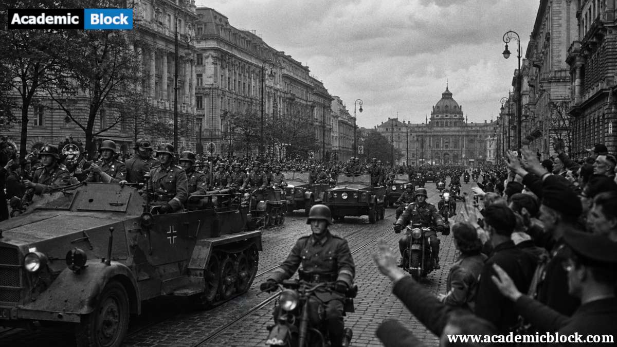 German troops enter Vienna during the 1938 Anschluss as crowds line the streets.