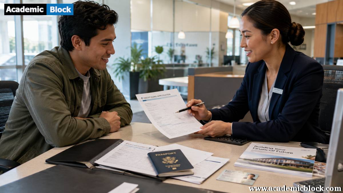 A bank representative assists a non-U.S. citizen with a credit card application, alongside passport and visa documents in a modern bank branch.