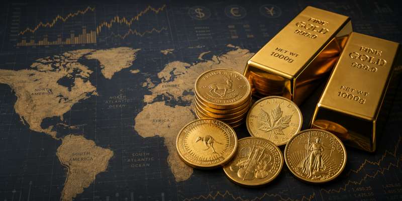 Investment-grade gold bars and coins displayed on a world map, symbolizing gold's role as a globally trusted asset for wealth preservation and long-term investment.