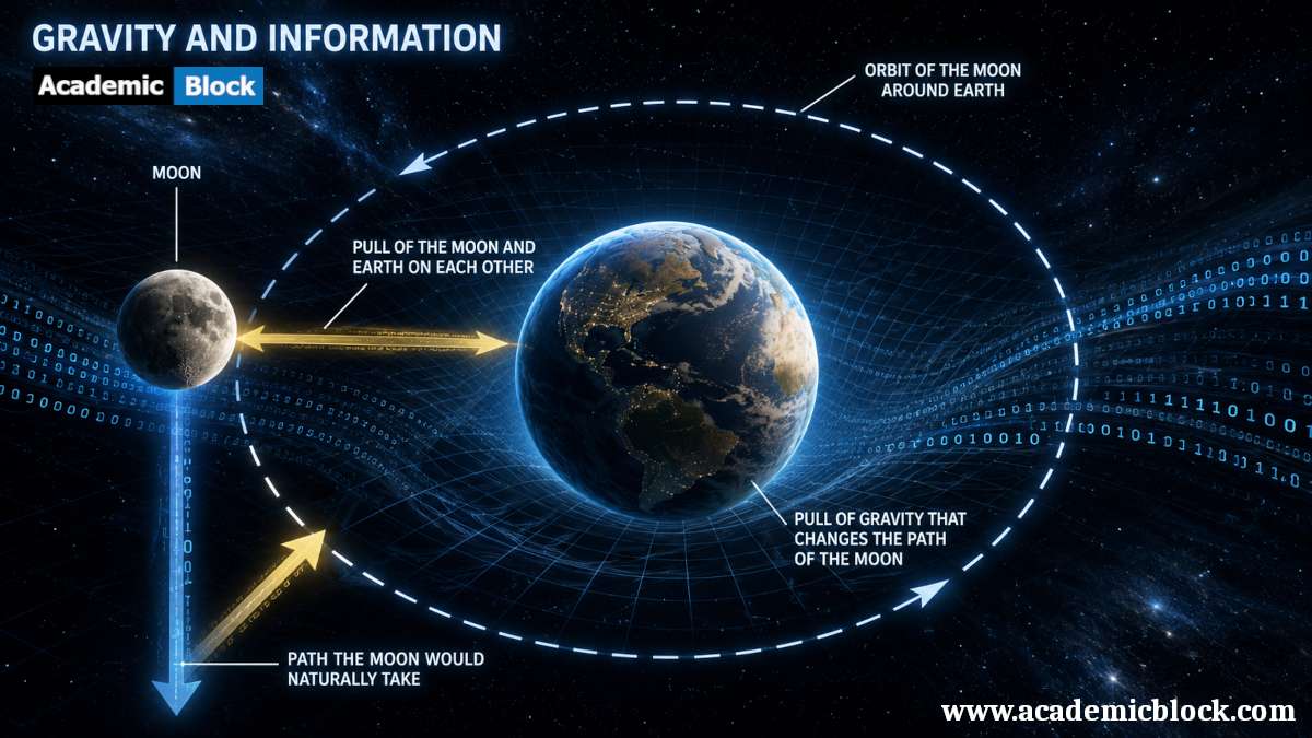 Conceptual illustration of gravity and information shaping orbital motion.