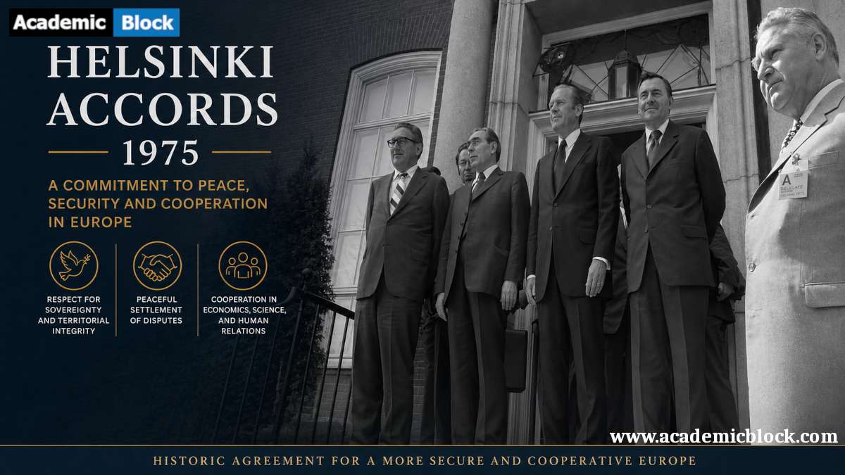 Image of diplomats during the 1975 Helsinki Accords, symbolizing peace, security, and international cooperation in Europe.