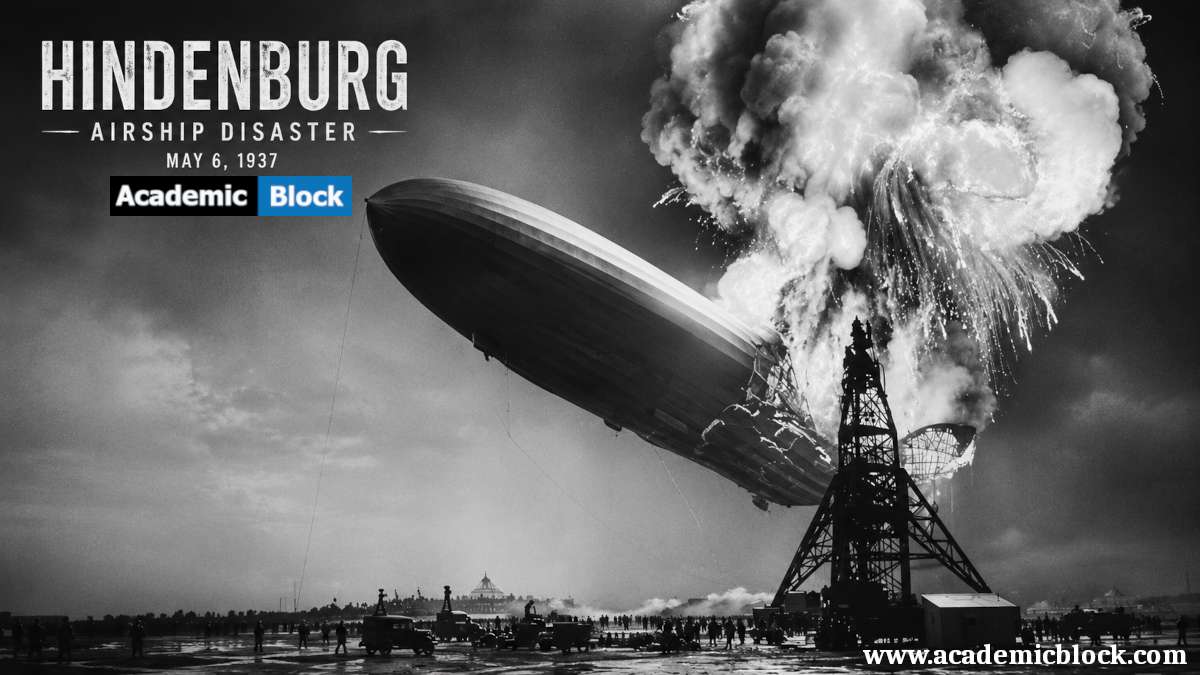 Image of of the Hindenburg airship engulfed in flames during its catastrophic 1937 disaster.