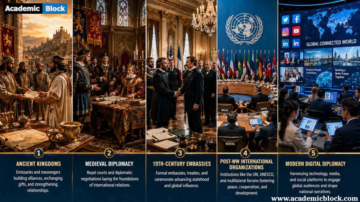 Timeline illustrating the evolution of diplomacy from ancient kingdoms to modern digital public diplomacy.