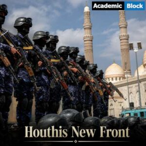 Image Showing armed Houthi fighters standing in formation as tensions rise over the Saudi naval blockade and the US-Iran conflict.