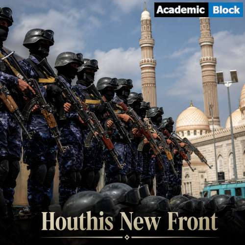 Image Showing armed Houthi fighters standing in formation as tensions rise over the Saudi naval blockade and the US-Iran conflict.