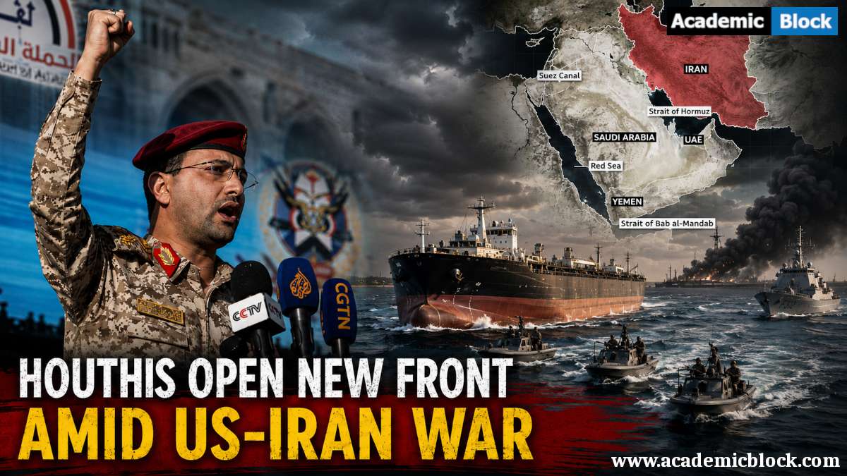 Image showing a Yahya Saree, a Houthi spokesperson; a Middle East map highlighting Iran and the Red Sea; and armed patrol boats surrounding an oil tanker amid escalating US-Iran tensions.