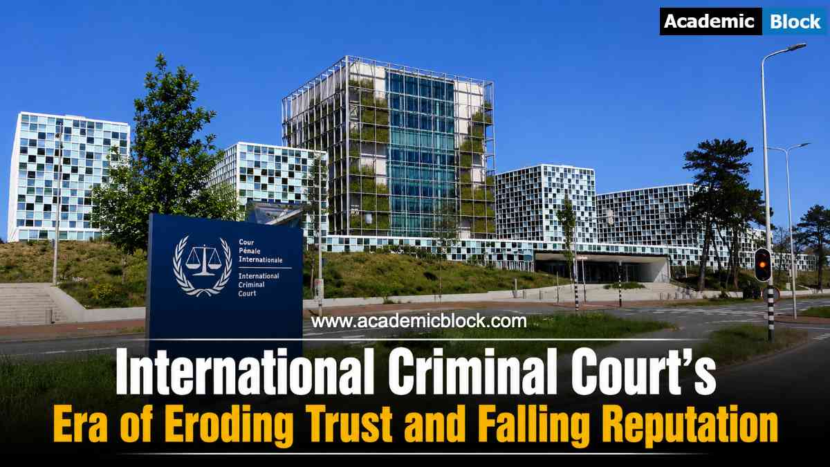 Image shows the official building of international Criminal Court ICC in Hague, Netherlands.
