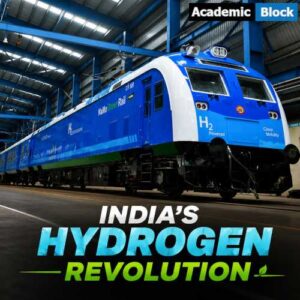 Image showing India's first hydrogen-powered train with the title, India's Hydrogen Revolution.