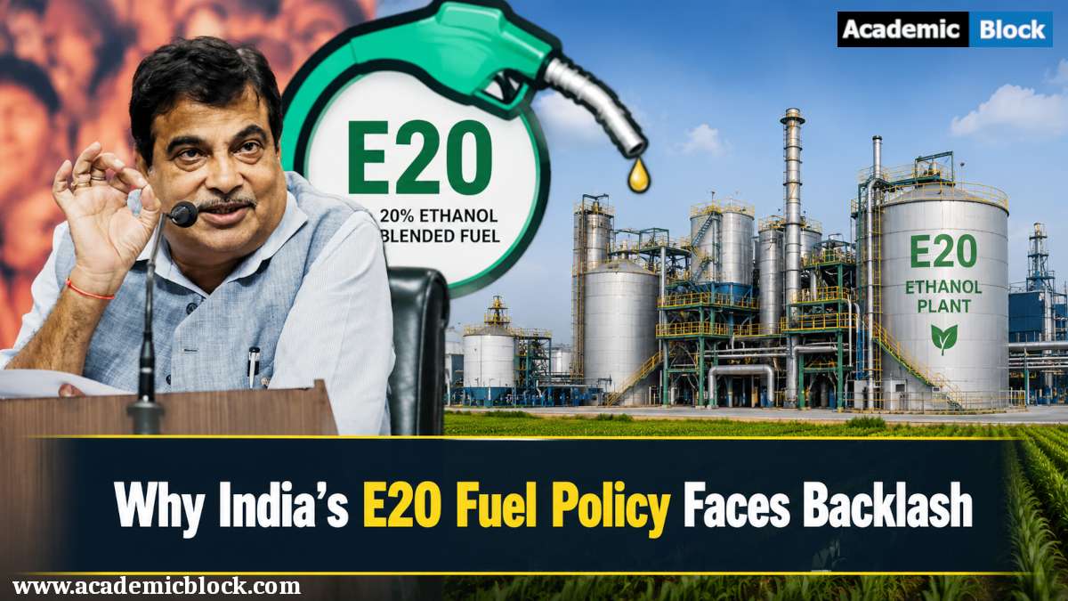 Indian transport minister Nitin Gadkari with an E20 ethanol plant, highlighting India's E20 fuel policy and growing driver concerns over mileage and engine performance.