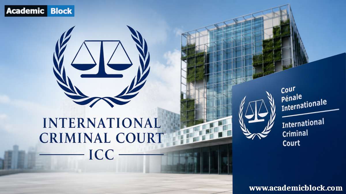 Image of the International Criminal Court (ICC) featuring its justice emblem alongside a modern courthouse.