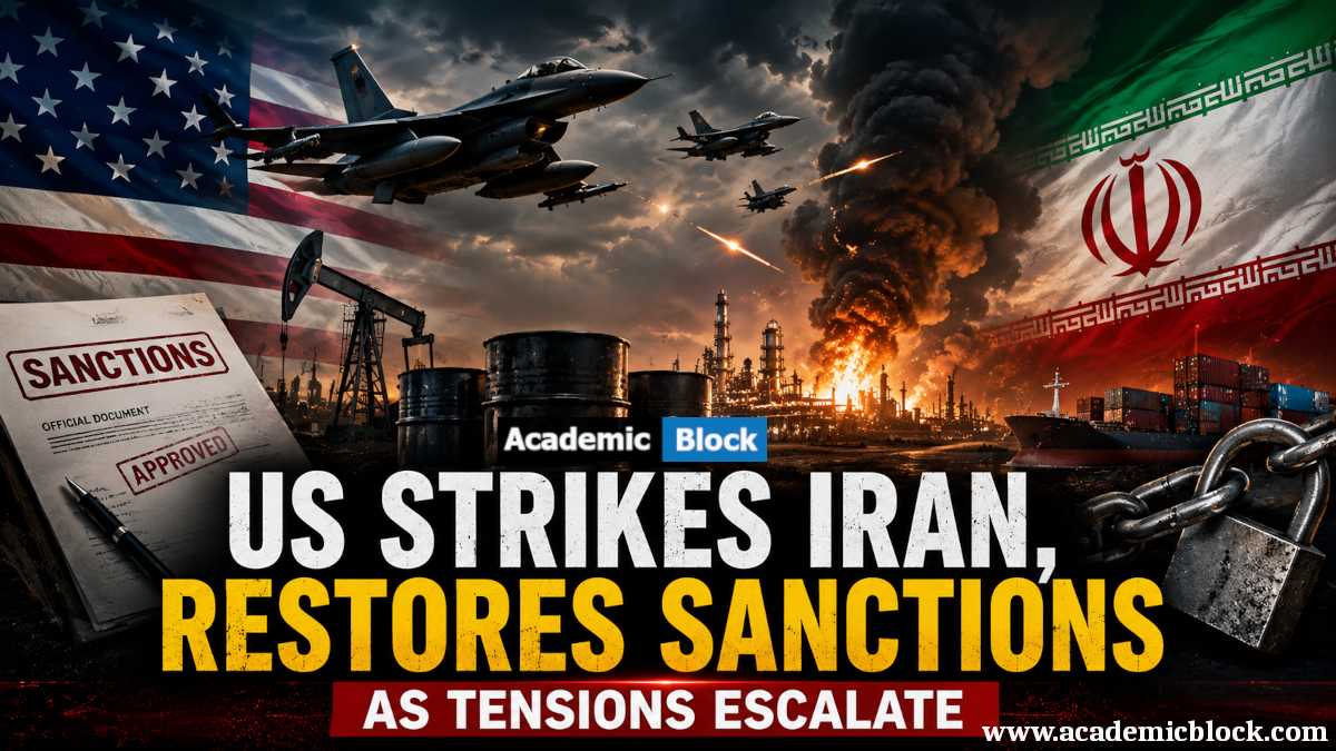 An image showing the US and Iranian flags, fighter jets, oil barrels, and sanctions documents, symbolizing escalating US-Iran tensions, economic sanctions, and Middle East crisis.