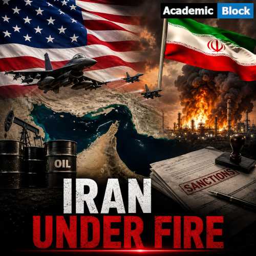 Image showing US and Iran amid rising military tensions, featuring the Strait of Hormuz, fighter jets, oil barrels, and sanctions.
