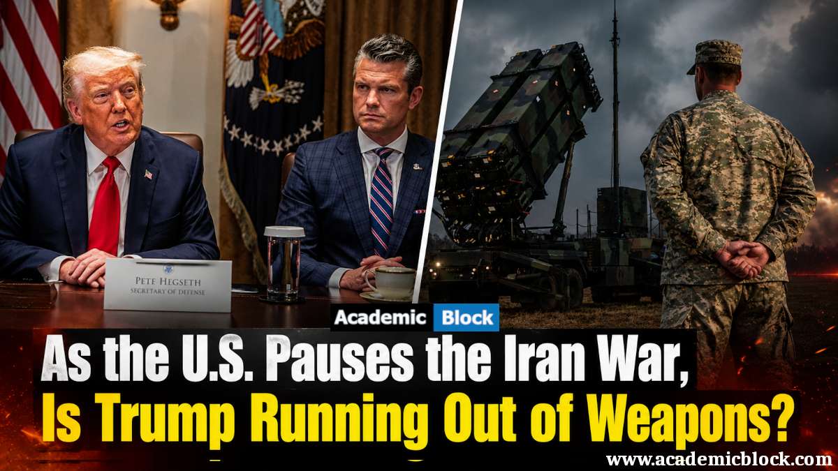 A split image featuring Donald Trump and Pete Hegseth on the left, and a U.S. soldier facing military equipment on the right. Bold text at the bottom shows, As the U.S. Pauses the Iran War, Is Trump Running Out of Weapons?