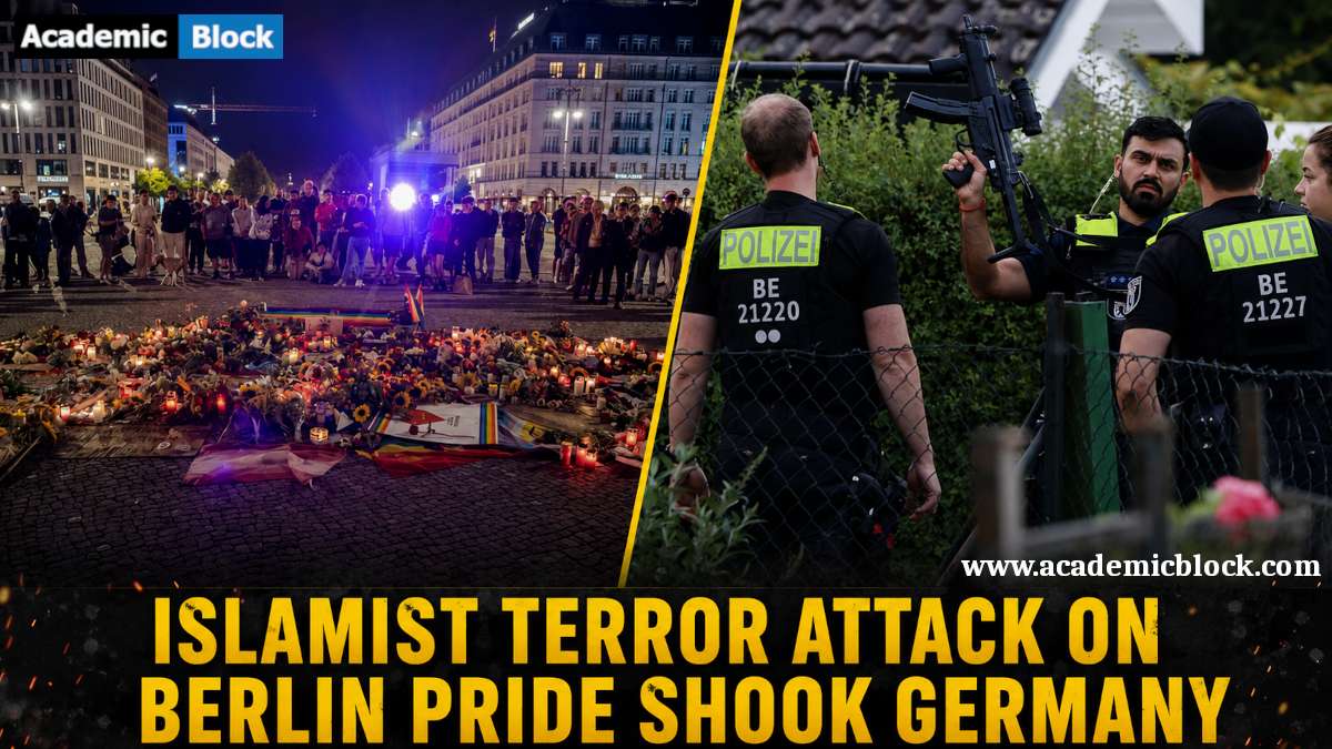 Image showing a candlelight memorial in Berlin alongside armed German police officers responding to a suspected terrorist incident, with the headline Islamist Terror Attack on Berlin Pride Shook Germany.