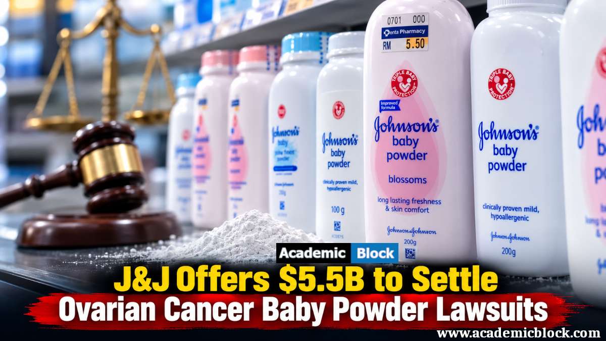 Image showing Johnson's Baby Powder bottles with a legal-themed background highlighting J&J's proposed $5.5 billion settlement over ovarian cancer baby powder lawsuits.