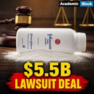 Image showing a Johnson & Johnson baby powder bottle with $5.5B Lawsuit Deal text highlighting the proposed settlement over U.S. talc lawsuits.
