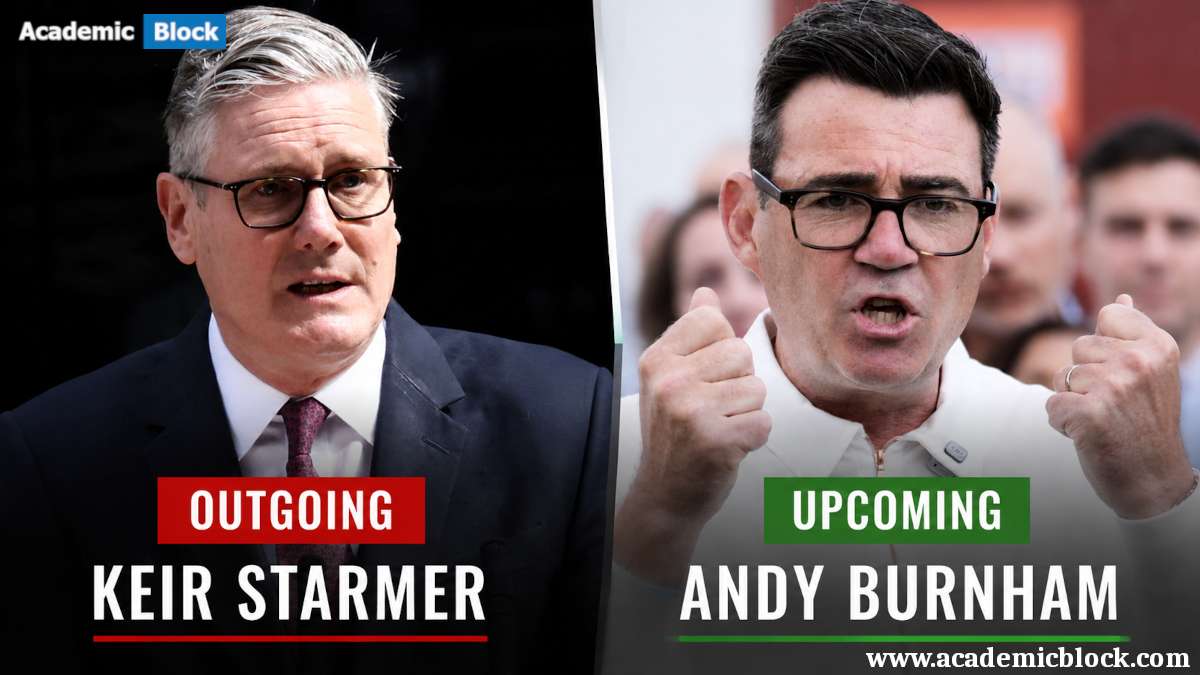 The image is a side-by-side political graphic featuring Keir Starmer on the left with a red banner labeled, OUTGOING and Andy Burnham on the right with a green banner labeled, UPCOMING.