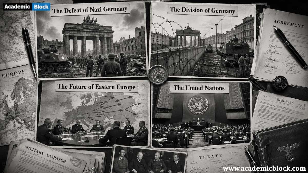 Infographic showing the key issues discussed during the 1945 Yalta Conference, featuring four historical panels on the defeat of Nazi Germany, the division of Germany, the future of Eastern Europe, and the establishment of the United Nations, surrounded by vintage maps and diplomatic documents.