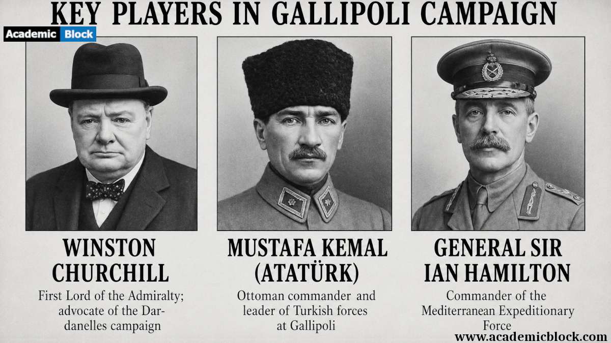 Portraits of key military and political figures in the Gallipoli Campaign: Winston Churchill, Mustafa Kemal (Atatürk), and General Sir Ian Hamilton.