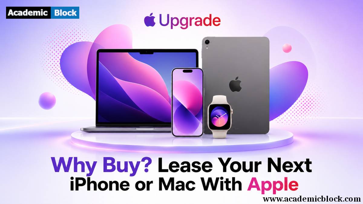 Image showing Premium Apple device leasing promotion featuring a MacBook, iPhone, iPad, and Apple Watch with the headline, Why Buy? Lease Your Next iPhone or Mac With Apple.
