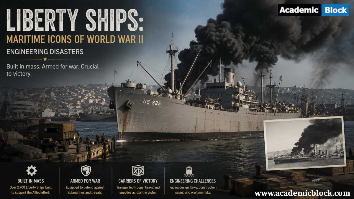 Image of illustration of a World War II Liberty Ship highlighting its role in wartime transport and the engineering challenges of maritime operations.