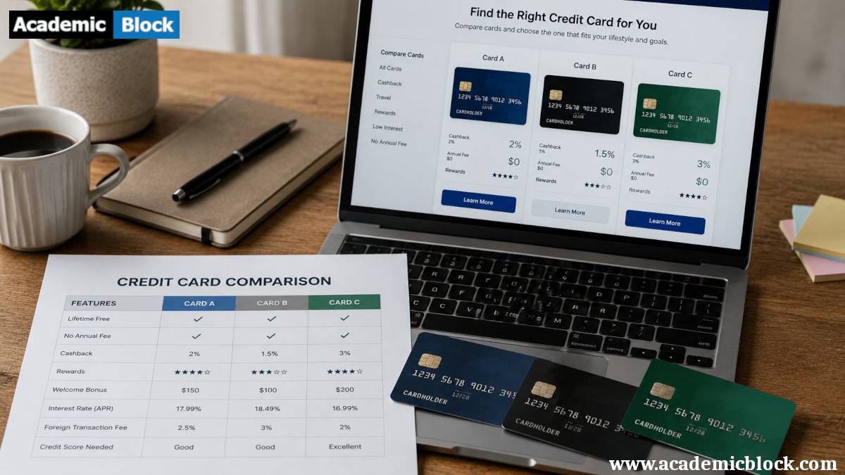 Three generic credit cards are compared alongside a feature sheet and laptop, highlighting no annual fee, cashback, rewards, and lifetime-free options.