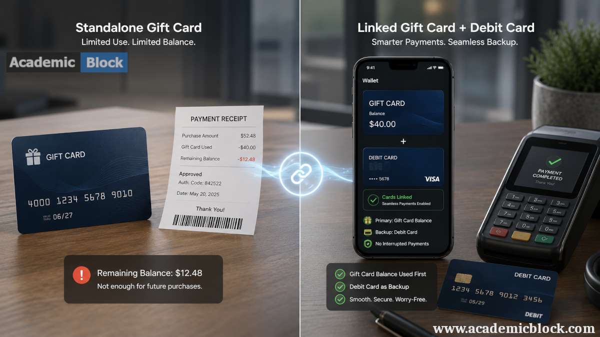 A split-scene shows how linking a gift card to a debit card provides seamless payments, backup funding, and uninterrupted purchases when the gift card balance runs low.