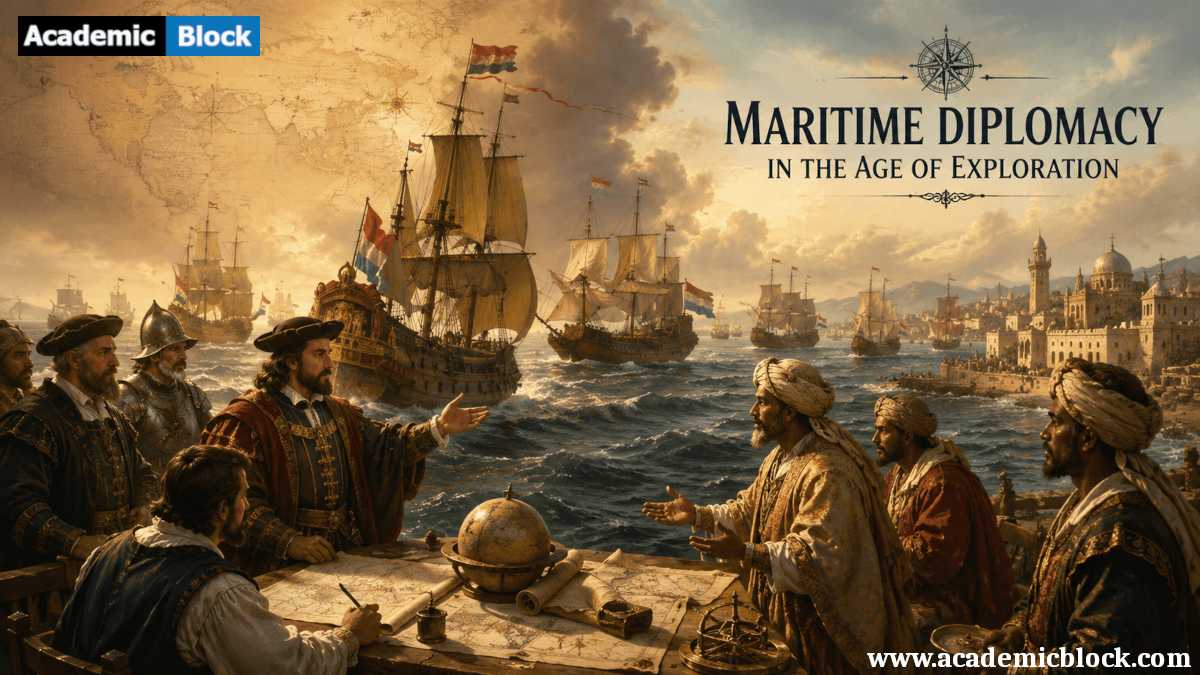 Historical illustration of maritime diplomacy featuring explorers, diplomats, and sailing ships during the Age of Exploration.