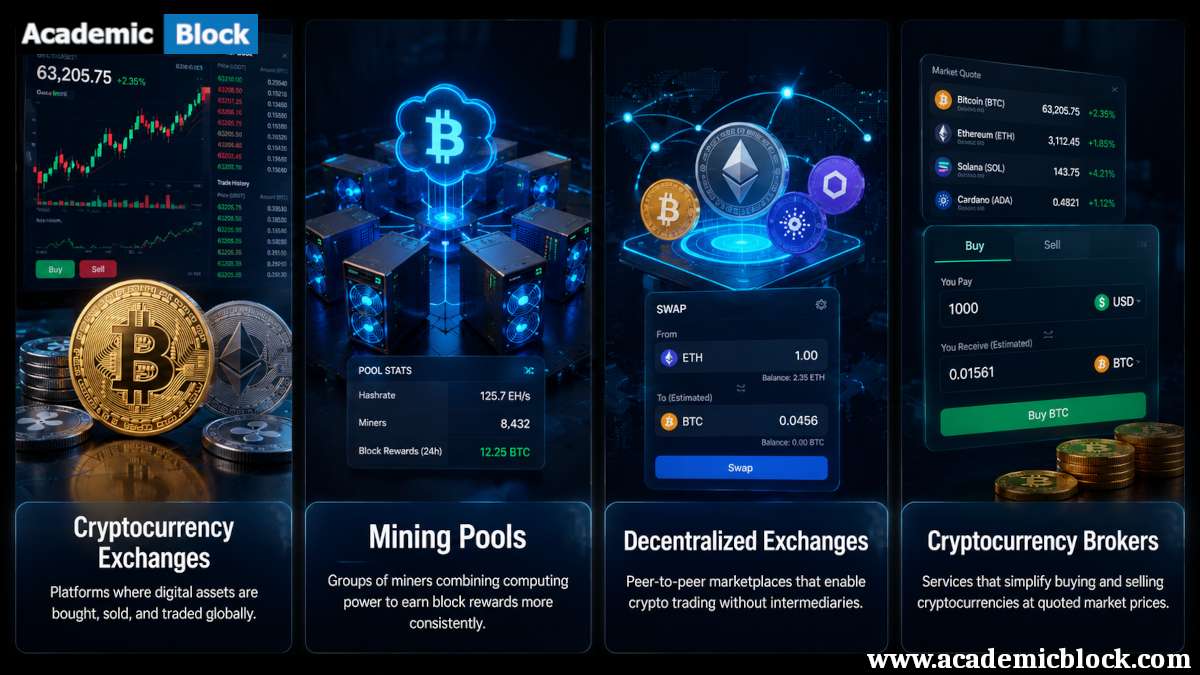 Infographic showing four key cryptocurrency services exchanges, mining pools, decentralized exchanges, and brokers—using realistic 3D visuals, financial dashboards, and neon-accented blockchain graphics.