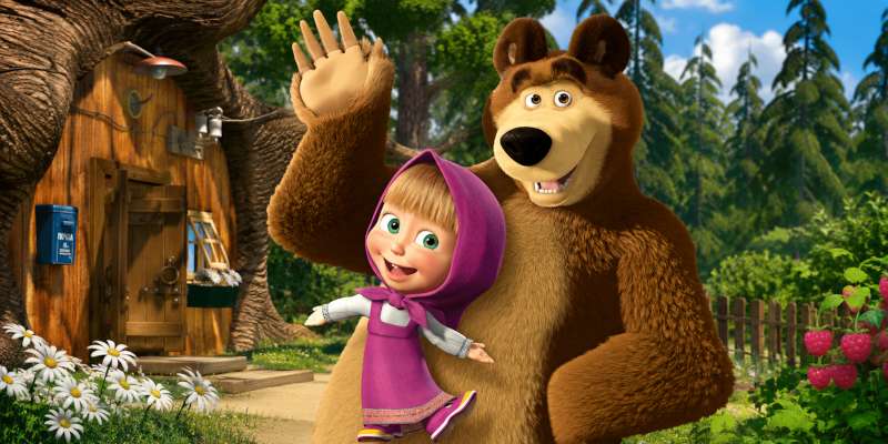 A cheerful scene of Masha and the Bear smiling together outside a cozy forest cabin, celebrating their fun-filled friendship and adventures.