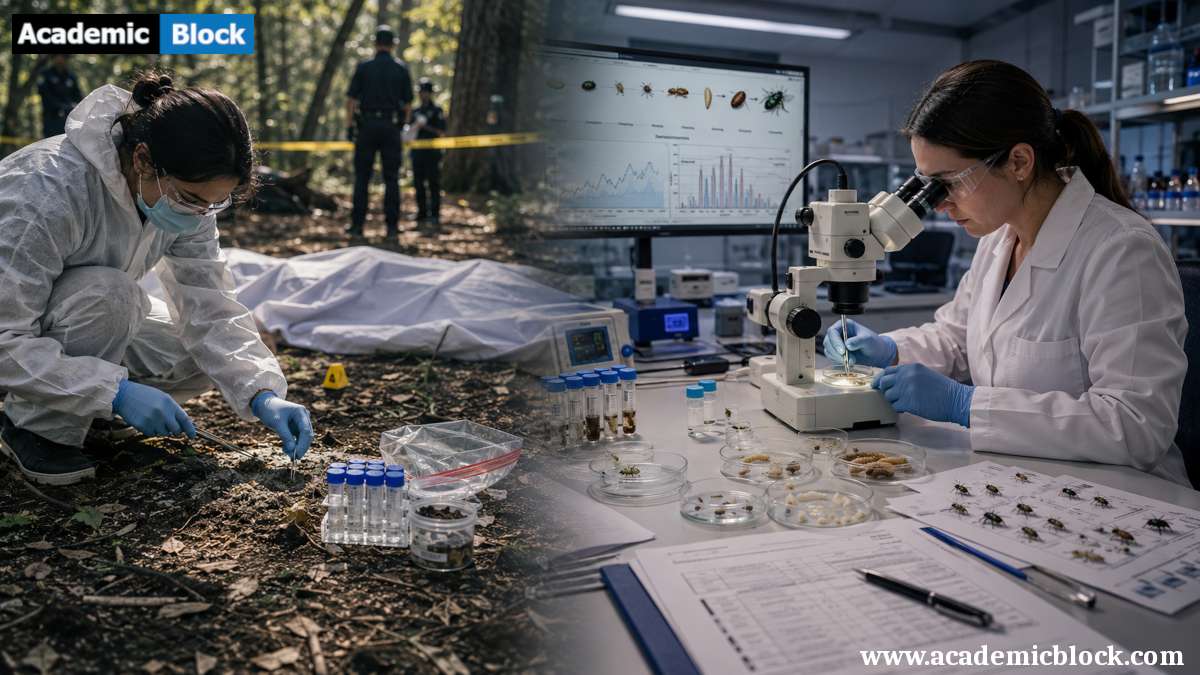 Split-scene forensic entomology illustration showing insect evidence collection at a crime scene and laboratory analysis for postmortem interval estimation.