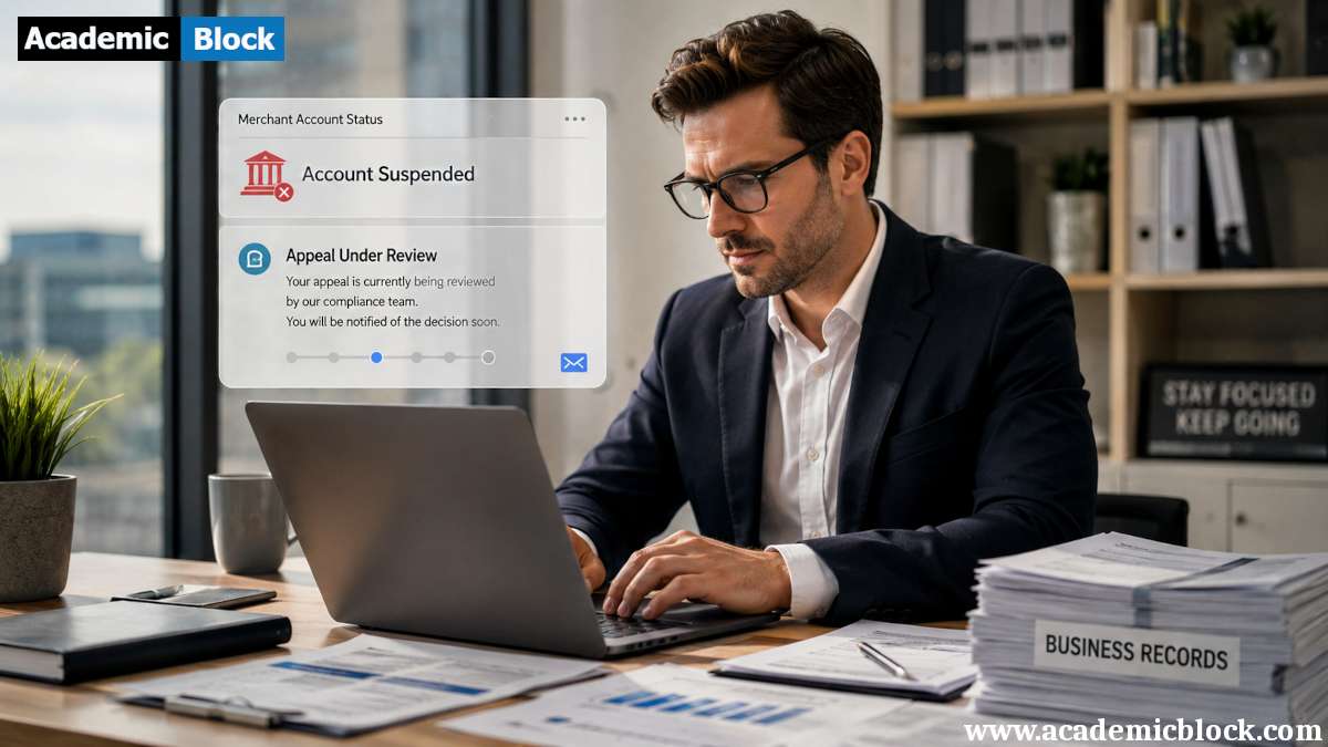 A business owner submits a merchant account appeal while reviewing financial documents in a professional office.