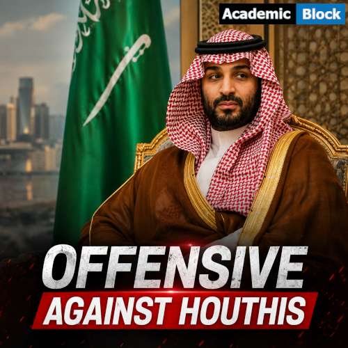 An image showing Mohammed bin Salman appears before a Saudi flag in a news thumbnail about Saudi Arabia's offensive against the Houthis.