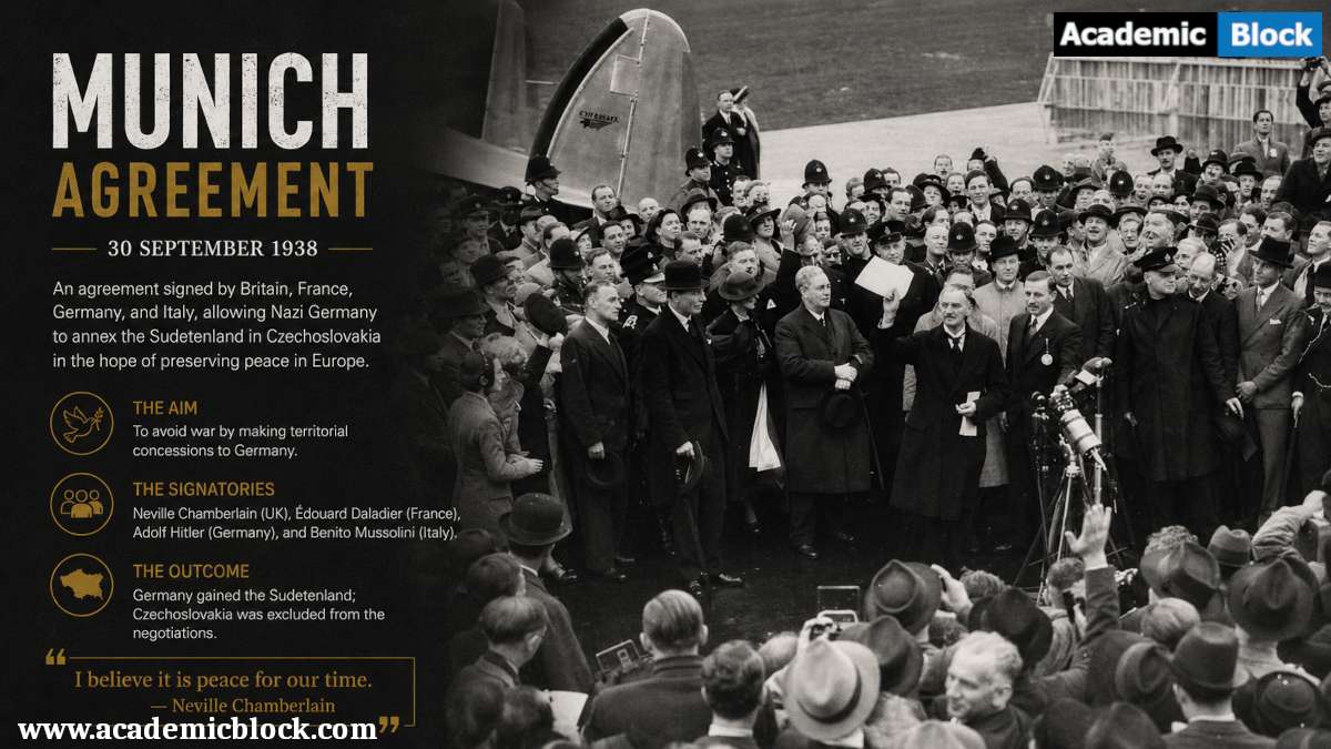 Image of of leaders and crowds during the Munich Agreement of 1938, symbolizing diplomacy and the policy of appeasement before World War II.