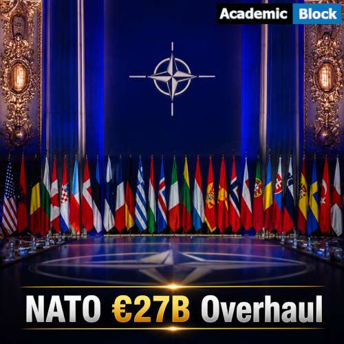 NATO headquarters backdrop with alliance flags and the headline NATO €27B Overhaul displayed in a bold news-style design.