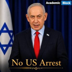 Image showing Netanyahu standing in a podium, under the headline No US Arrest.