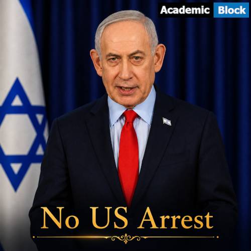 Image showing Netanyahu standing in a podium, under the headline No US Arrest.