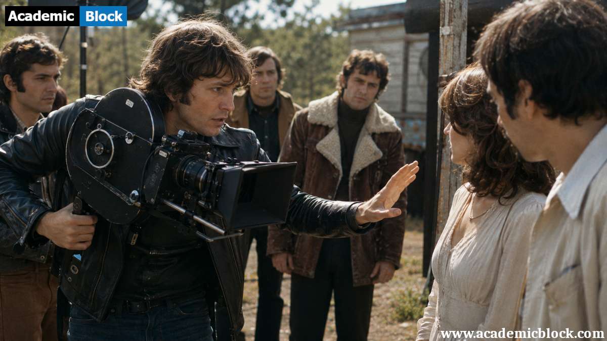 A young filmmaker directs actors with a handheld 35mm camera during a natural-light outdoor shoot, reflecting the independent spirit of New Hollywood.
